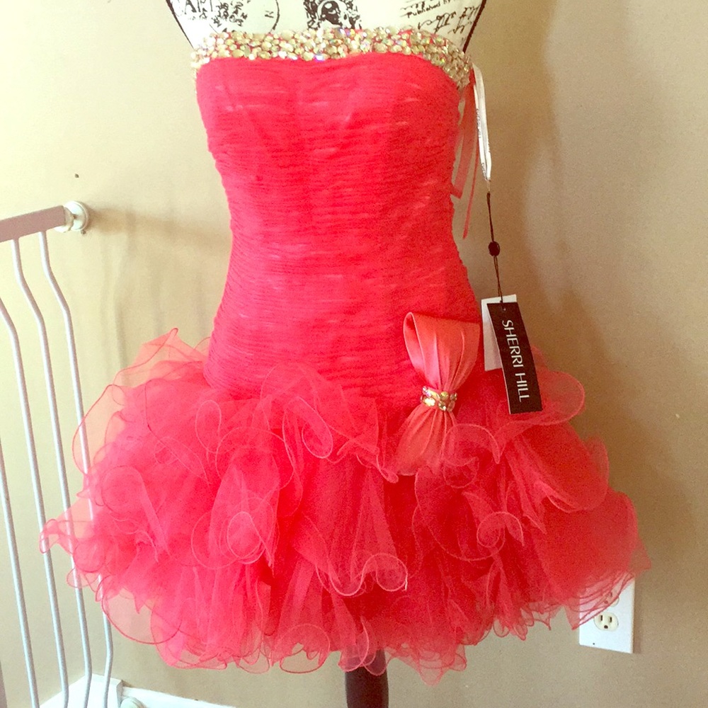 Sherri Hill prom formal dress size 8 coral/silver - Picture 1 of 8